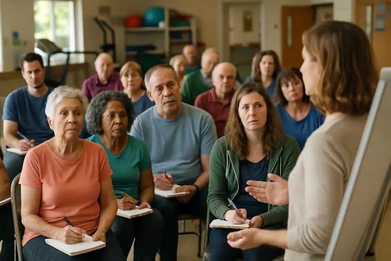 Small community group discussing paperwork around a meeting table