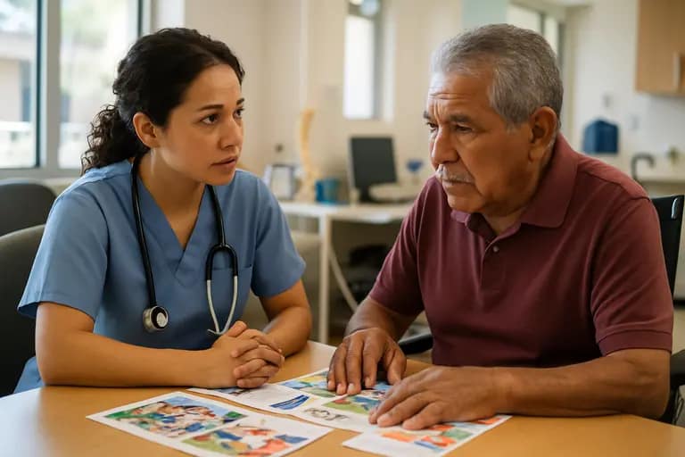 Multigenerational family reviewing health resource papers together