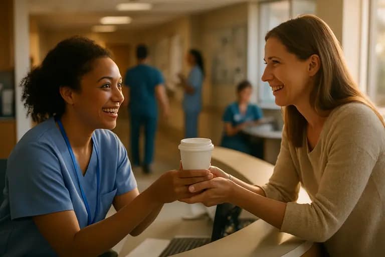 Patient and family member speaking calmly with a nurse