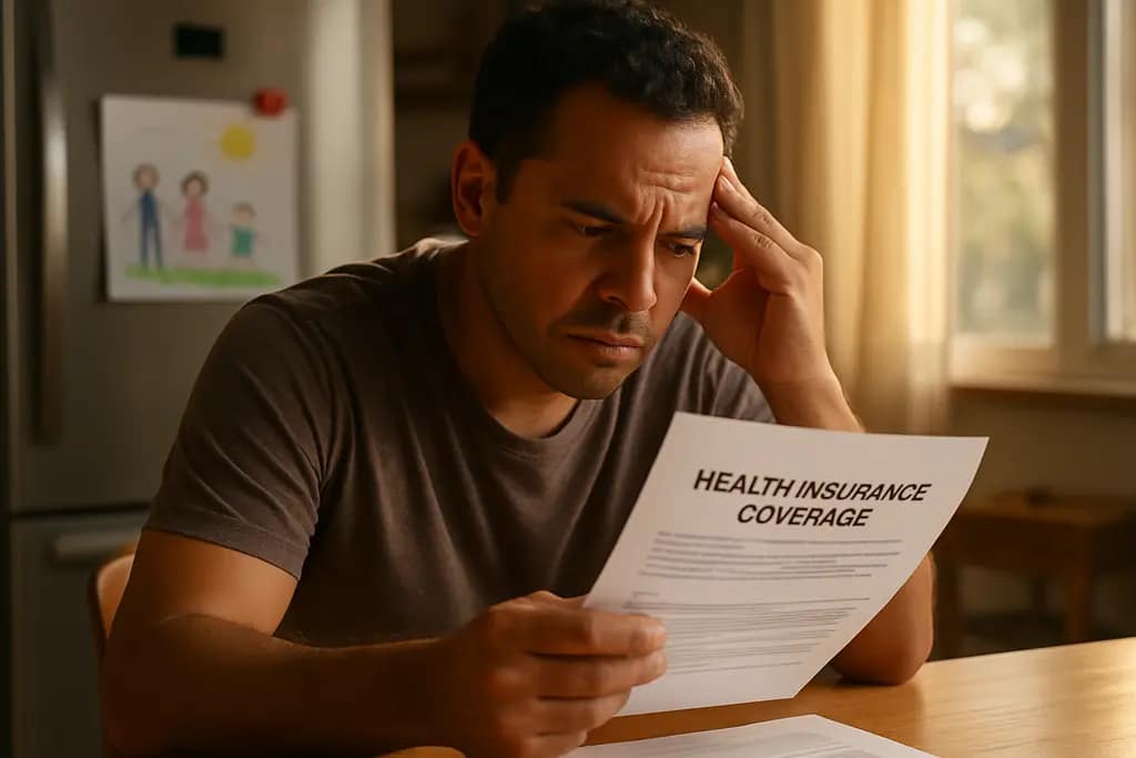 Parent reviewing Children's Coverage Loss paperwork at a kitchen table