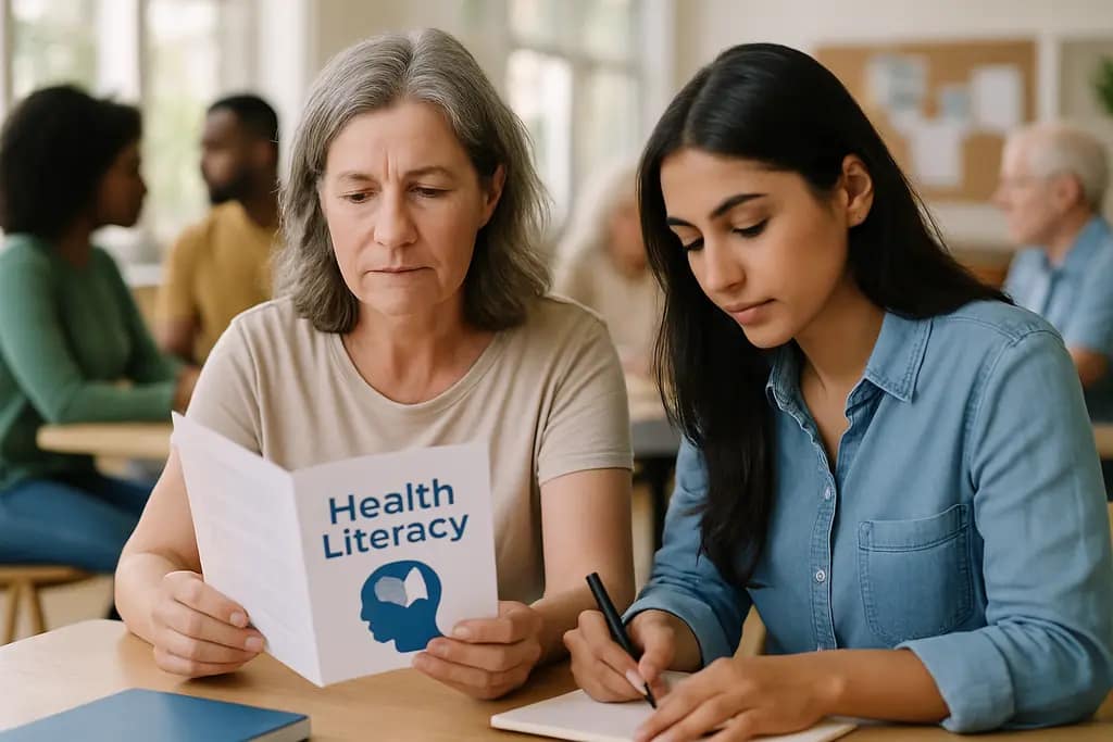 Adult learners reviewing health literacy resources in a community classroom