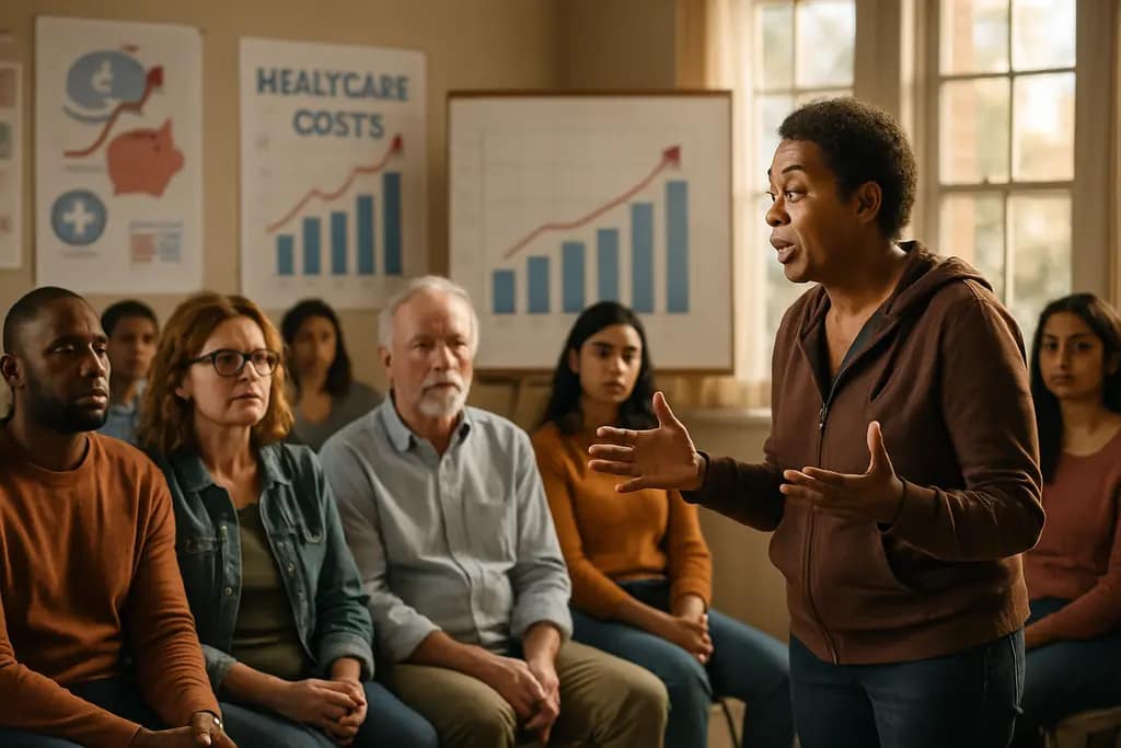 Healthcare Cost Literacy workshop with neighbors reviewing sample medical bills