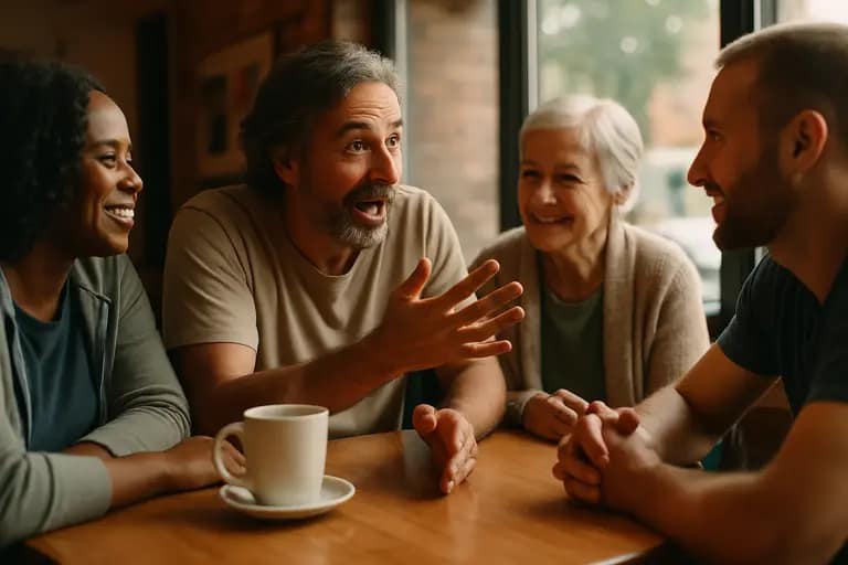 Small peer circle listening in a calm meeting space