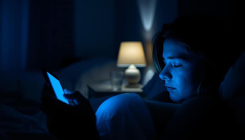 A bedroom at night, dimly lit by the glow of a smartphone screen. In the foreground, a person lies in bed, their eyes fixed on the device, their face illuminated by the blue-tinged light. In the middle ground, a bedside table holds a glass of water and a lamp, casting a soft, warm glow. The background is blurred, hinting at the tranquility of the night. The overall mood is one of unease, as the person's engagement with the screen disrupts the natural rhythm of sleep. A bedroom at night, dimly lit by the glow of a smartphone screen. In the foreground, a person lies in bed, their eyes fixed on the device, their face illuminated by the blue-tinged light. In the middle ground, a bedside table holds a glass of water and a lamp, casting a soft, warm glow. The background is blurred, hinting at the tranquility of the night. The overall mood is one of unease, as the person's engagement with the screen disrupts the natural rhythm of sleep.