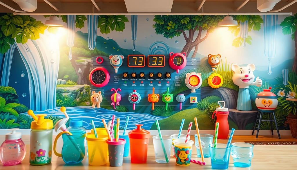 A brightly lit, cheerful and playful scene of various kid-friendly hydration reminder systems. In the foreground, an array of colorful water bottles, cups, and straws with whimsical designs and characters. In the middle ground, a wall display showcasing fun, interactive hydration trackers and timers, perhaps in the shape of animals or cartoon figures. The background features a vibrant, imaginative mural depicting water droplets, flowing streams, and lush greenery, creating an immersive, nature-inspired atmosphere. The lighting is soft and warm, enhancing the welcoming and engaging feel of the scene. The overall composition is designed to capture the attention of children and encourage them to stay hydrated in a playful, imaginative way. A brightly lit, cheerful and playful scene of various kid-friendly hydration reminder systems. In the foreground, an array of colorful water bottles, cups, and straws with whimsical designs and characters. In the middle ground, a wall display showcasing fun, interactive hydration trackers and timers, perhaps in the shape of animals or cartoon figures. The background features a vibrant, imaginative mural depicting water droplets, flowing streams, and lush greenery, creating an immersive, nature-inspired atmosphere. The lighting is soft and warm, enhancing the welcoming and engaging feel of the scene. The overall composition is designed to capture the attention of children and encourage them to stay hydrated in a playful, imaginative way.