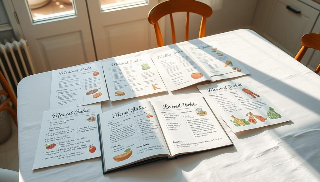 A brightly lit kitchen table, covered in a crisp white tablecloth, displaying a collection of neatly arranged weekly meal plans. Handwritten menu items and recipes in a cursive font adorn the pages, accompanied by small illustrations of fresh produce, meats, and healthy snacks. Sunlight streams in through a nearby window, casting a warm glow over the scene. The layout is clean, organized, and inviting, reflecting the theme of "Healthy Meal Planning for Busy Families" with a sense of approachability and simplicity. A brightly lit kitchen table, covered in a crisp white tablecloth, displaying a collection of neatly arranged weekly meal plans. Handwritten menu items and recipes in a cursive font adorn the pages, accompanied by small illustrations of fresh produce, meats, and healthy snacks. Sunlight streams in through a nearby window, casting a warm glow over the scene. The layout is clean, organized, and inviting, reflecting the theme of "Healthy Meal Planning for Busy Families" with a sense of approachability and simplicity.