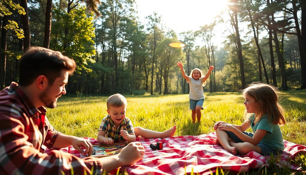 A family of four enjoying various tech-free activities in a warm, natural setting. In the foreground, a father and young son play a board game on a picnic blanket, their faces lit by soft afternoon sunlight. In the middle ground, a mother and daughter toss a frisbee across a lush, grassy field. In the background, a tranquil forest with dappled sunlight filters through the trees, creating a peaceful, serene atmosphere. The family's expressions are joyful and engaged, conveying a sense of quality time spent together away from digital devices. A family of four enjoying various tech-free activities in a warm, natural setting. In the foreground, a father and young son play a board game on a picnic blanket, their faces lit by soft afternoon sunlight. In the middle ground, a mother and daughter toss a frisbee across a lush, grassy field. In the background, a tranquil forest with dappled sunlight filters through the trees, creating a peaceful, serene atmosphere. The family's expressions are joyful and engaged, conveying a sense of quality time spent together away from digital devices.