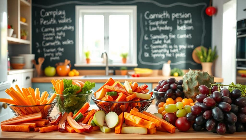A vibrant, cheerful kitchen scene with a table full of healthy, kid-friendly snacks. Vibrant, colorful fruits and vegetables artfully arranged, like a rainbow salad with carrot sticks, apple slices, and grapes. In the background, a chalkboard wall displays handwritten recipe titles in playful, childlike writing. Soft, natural lighting filters in through a nearby window, casting a warm, inviting glow. The atmosphere is relaxed and inviting, capturing the joy of healthy, homemade treats that kids would love to taste-test. A vibrant, cheerful kitchen scene with a table full of healthy, kid-friendly snacks. Vibrant, colorful fruits and vegetables artfully arranged, like a rainbow salad with carrot sticks, apple slices, and grapes. In the background, a chalkboard wall displays handwritten recipe titles in playful, childlike writing. Soft, natural lighting filters in through a nearby window, casting a warm, inviting glow. The atmosphere is relaxed and inviting, capturing the joy of healthy, homemade treats that kids would love to taste-test.