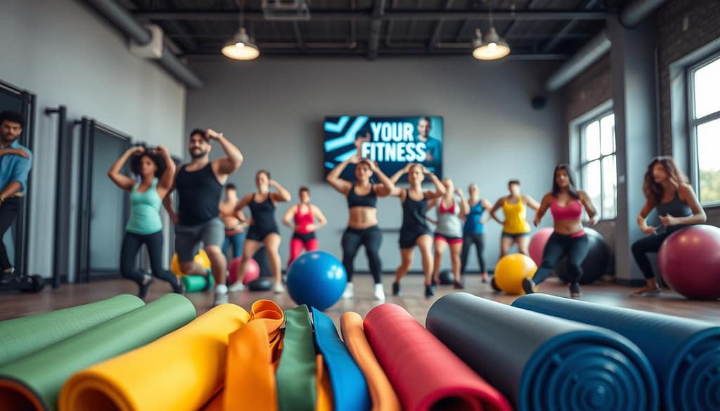 High-quality group fitness motivation tools in a well-lit, modern fitness studio. In the foreground, an array of colorful resistance bands, foam rollers, and exercise balls are neatly arranged. In the middle ground, a group of diverse individuals engaged in various exercises, their expressions determined and focused. The background features a wall-mounted TV displaying a motivational fitness video, and large windows letting in natural light. The overall atmosphere is one of energy, positivity, and a shared commitment to physical and mental well-being. High-quality group fitness motivation tools in a well-lit, modern fitness studio. In the foreground, an array of colorful resistance bands, foam rollers, and exercise balls are neatly arranged. In the middle ground, a group of diverse individuals engaged in various exercises, their expressions determined and focused. The background features a wall-mounted TV displaying a motivational fitness video, and large windows letting in natural light. The overall atmosphere is one of energy, positivity, and a shared commitment to physical and mental well-being.