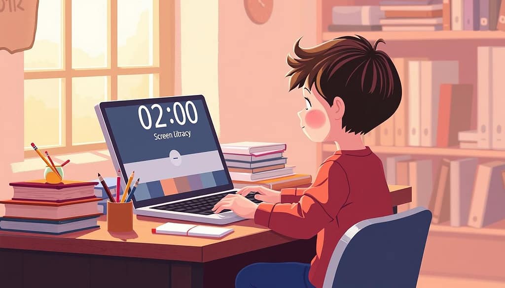 a digital art illustration of a child sitting at a desk, using a laptop computer with a timer displayed on the screen, indicating screen time limits. The child appears focused and engaged, surrounded by books, pencils, and other educational materials, suggesting the concept of digital literacy. The background is a warm, cozy workspace, with natural lighting filtering through a window, creating a serene and productive atmosphere. The overall mood conveys the importance of balancing screen time with traditional learning methods to foster digital literacy in a healthy and well-rounded manner. a digital art illustration of a child sitting at a desk, using a laptop computer with a timer displayed on the screen, indicating screen time limits. The child appears focused and engaged, surrounded by books, pencils, and other educational materials, suggesting the concept of digital literacy. The background is a warm, cozy workspace, with natural lighting filtering through a window, creating a serene and productive atmosphere. The overall mood conveys the importance of balancing screen time with traditional learning methods to foster digital literacy in a healthy and well-rounded manner.