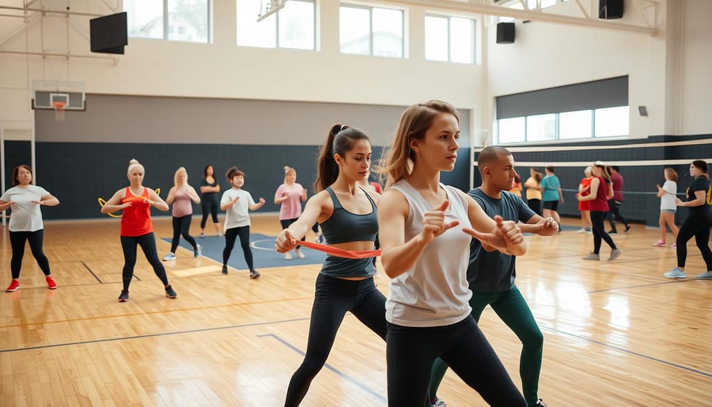 group of people participating in various fitness activities in a modern, well-lit gymnasium, with high ceilings and large windows providing natural illumination. In the foreground, a group of adults and children engaged in aerobic exercises, using resistance bands and light dumbbells. The middle ground features a yoga class, with participants of varying ages and abilities moving through a series of poses. In the background, a group of teenagers playing a competitive team sport, such as basketball or volleyball, on a polished wooden court. The overall scene conveys a sense of energy, camaraderie, and a shared commitment to physical well-being. group of people participating in various fitness activities in a modern, well-lit gymnasium, with high ceilings and large windows providing natural illumination. In the foreground, a group of adults and children engaged in aerobic exercises, using resistance bands and light dumbbells. The middle ground features a yoga class, with participants of varying ages and abilities moving through a series of poses. In the background, a group of teenagers playing a competitive team sport, such as basketball or volleyball, on a polished wooden court. The overall scene conveys a sense of energy, camaraderie, and a shared commitment to physical well-being.