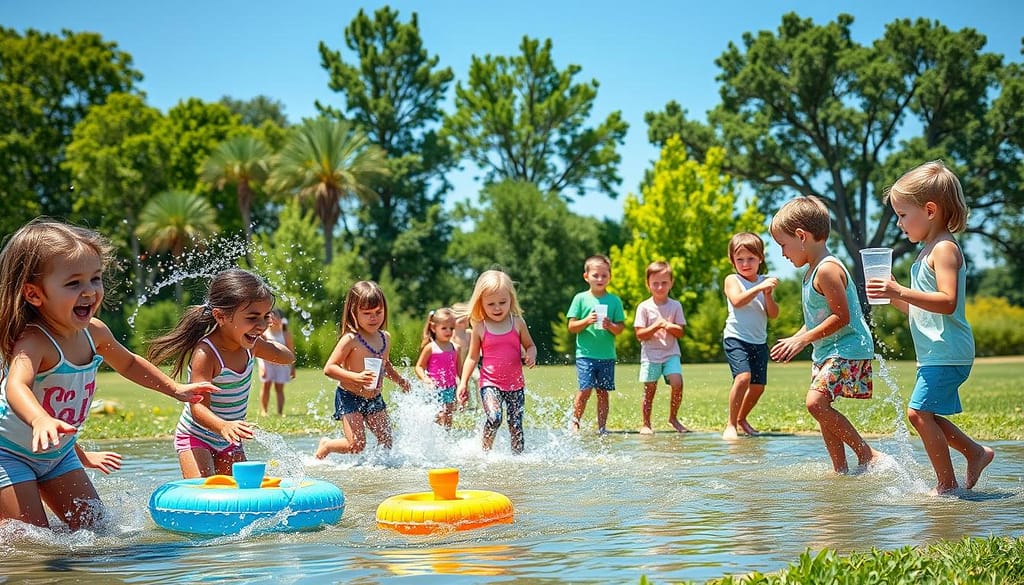 kids hydration games - A sunny outdoor scene with a group of children playing fun, interactive water-based games. In the foreground, a group of diverse kids splashing and laughing as they engage with colorful, inflatable water toys and sprinklers. In the middle ground, other children are seen playing a relay race, passing water-filled cups to each other. In the background, verdant trees and a clear blue sky set the lush, summertime atmosphere. Soft, diffused lighting highlights the joy and movement of the hydration-focused activities. The overall scene conveys a sense of playfulness, energy, and the importance of staying hydrated through engaging, kid-friendly games. kids hydration games - A sunny outdoor scene with a group of children playing fun, interactive water-based games. In the foreground, a group of diverse kids splashing and laughing as they engage with colorful, inflatable water toys and sprinklers. In the middle ground, other children are seen playing a relay race, passing water-filled cups to each other. In the background, verdant trees and a clear blue sky set the lush, summertime atmosphere. Soft, diffused lighting highlights the joy and movement of the hydration-focused activities. The overall scene conveys a sense of playfulness, energy, and the importance of staying hydrated through engaging, kid-friendly games.