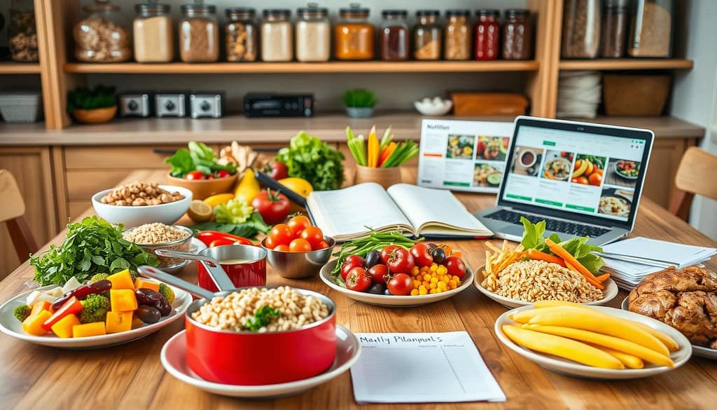 A beautifully arranged meal planning guide on a wooden table, showcasing a variety of healthy foods. In the foreground, colorful plates filled with fresh fruits, vegetables, whole grains, and lean proteins, artfully placed alongside measuring cups and recipe cards. In the middle ground, an open notebook with handwritten meal plans and a laptop displaying a nutrition website. The background features soft-focus kitchen shelves stocked with glass jars of grains and spices, adding warmth and homeliness. Natural light floods the scene, creating a bright, inviting atmosphere. The mood conveys organization and excitement about healthy eating, perfect for engaging the community. The overall composition should focus on clarity and inspiration without any text or branding elements. A beautifully arranged meal planning guide on a wooden table, showcasing a variety of healthy foods. In the foreground, colorful plates filled with fresh fruits, vegetables, whole grains, and lean proteins, artfully placed alongside measuring cups and recipe cards. In the middle ground, an open notebook with handwritten meal plans and a laptop displaying a nutrition website. The background features soft-focus kitchen shelves stocked with glass jars of grains and spices, adding warmth and homeliness. Natural light floods the scene, creating a bright, inviting atmosphere. The mood conveys organization and excitement about healthy eating, perfect for engaging the community. The overall composition should focus on clarity and inspiration without any text or branding elements.