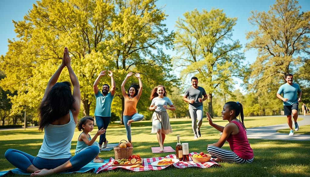 A diverse family engaging in various wellness activities in a bright, open park. In the foreground, a group of individuals—parents of varied ethnic backgrounds and children of different ages—are participating in a yoga session, with some practicing tree pose. The middle ground showcases a picnic setup with healthy snacks and fruit, while another family jogs along a winding path. The background features lush green trees and a clear blue sky, bathed in warm sunlight, creating an inviting atmosphere. The scene is captured with a slightly low angle to emphasize the family's joyful expressions and dynamic movements, evoking a sense of togetherness and community in fitness and well-being. A diverse family engaging in various wellness activities in a bright, open park. In the foreground, a group of individuals—parents of varied ethnic backgrounds and children of different ages—are participating in a yoga session, with some practicing tree pose. The middle ground showcases a picnic setup with healthy snacks and fruit, while another family jogs along a winding path. The background features lush green trees and a clear blue sky, bathed in warm sunlight, creating an inviting atmosphere. The scene is captured with a slightly low angle to emphasize the family's joyful expressions and dynamic movements, evoking a sense of togetherness and community in fitness and well-being.