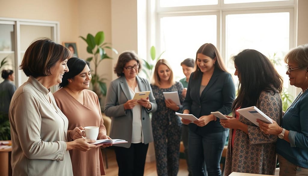 A diverse group of caregivers gathered in a bright, inviting community center, exemplifying teamwork and support. In the foreground, a couple of caregivers, dressed in modest business casual attire, are engaged in an animated discussion, surrounded by notebooks and coffee cups. In the middle, others are forming small groups, sharing resources like pamphlets and flyers about local parenting classes, each showing different ethnicities and backgrounds, fostering inclusivity. The background features a large window letting in warm, natural sunlight, illuminating a cozy space with comfortable seating and plants, enhancing the nurturing atmosphere. The mood is warm and collaborative, capturing the essence of community and connection in parenting support. Shot with a soft focus lens to create a welcoming, comforting vibe. A diverse group of caregivers gathered in a bright, inviting community center, exemplifying teamwork and support. In the foreground, a couple of caregivers, dressed in modest business casual attire, are engaged in an animated discussion, surrounded by notebooks and coffee cups. In the middle, others are forming small groups, sharing resources like pamphlets and flyers about local parenting classes, each showing different ethnicities and backgrounds, fostering inclusivity. The background features a large window letting in warm, natural sunlight, illuminating a cozy space with comfortable seating and plants, enhancing the nurturing atmosphere. The mood is warm and collaborative, capturing the essence of community and connection in parenting support. Shot with a soft focus lens to create a welcoming, comforting vibe.