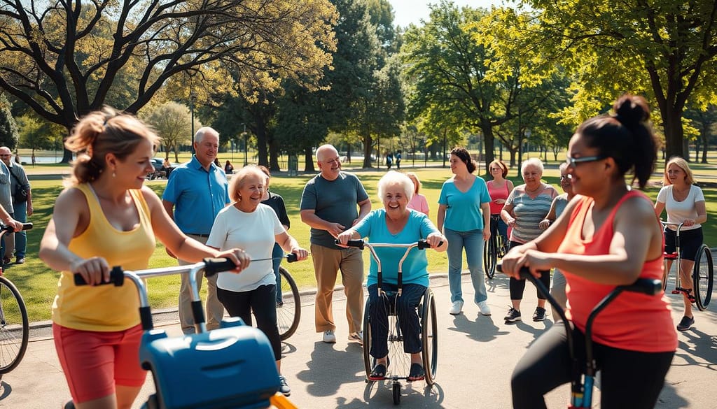 A diverse group of individuals of various ages and abilities engaging in fitness activities in a sunny park setting. In the foreground, a friendly, collaborative atmosphere is portrayed, with people using adaptive fitness equipment. The middle layer shows community partners, such as trainers and wellness advocates, providing guidance and support. In the background, trees and open spaces suggest inclusivity, while vibrant colors reflect the energy of the community. The lighting is warm and inviting, casting soft shadows that enhance the sense of connection. The angle is slightly elevated, giving a panoramic view of the harmonious interaction among participants. The overall mood evokes empowerment, camaraderie, and a commitment to accessible wellness for all. A diverse group of individuals of various ages and abilities engaging in fitness activities in a sunny park setting. In the foreground, a friendly, collaborative atmosphere is portrayed, with people using adaptive fitness equipment. The middle layer shows community partners, such as trainers and wellness advocates, providing guidance and support. In the background, trees and open spaces suggest inclusivity, while vibrant colors reflect the energy of the community. The lighting is warm and inviting, casting soft shadows that enhance the sense of connection. The angle is slightly elevated, giving a panoramic view of the harmonious interaction among participants. The overall mood evokes empowerment, camaraderie, and a commitment to accessible wellness for all.