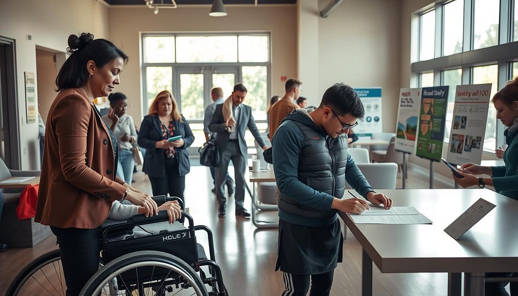 A diverse group of individuals participating in an inclusive health registration process, set in a well-lit, welcoming community center. In the foreground, a woman in professional attire is assisting a senior person using a wheelchair, while a young adult in adaptive sportswear is filling out a registration form at a table. The middle layer shows staff members of various backgrounds engaging with participants, with clear signage indicating accessibility options. In the background, sunlight streams through large windows, highlighting comfortable seating areas and informative displays about health programs. The atmosphere is warm and inviting, conveying a sense of community and support, with soft, natural lighting to enhance the friendly environment. A diverse group of individuals participating in an inclusive health registration process, set in a well-lit, welcoming community center. In the foreground, a woman in professional attire is assisting a senior person using a wheelchair, while a young adult in adaptive sportswear is filling out a registration form at a table. The middle layer shows staff members of various backgrounds engaging with participants, with clear signage indicating accessibility options. In the background, sunlight streams through large windows, highlighting comfortable seating areas and informative displays about health programs. The atmosphere is warm and inviting, conveying a sense of community and support, with soft, natural lighting to enhance the friendly environment.