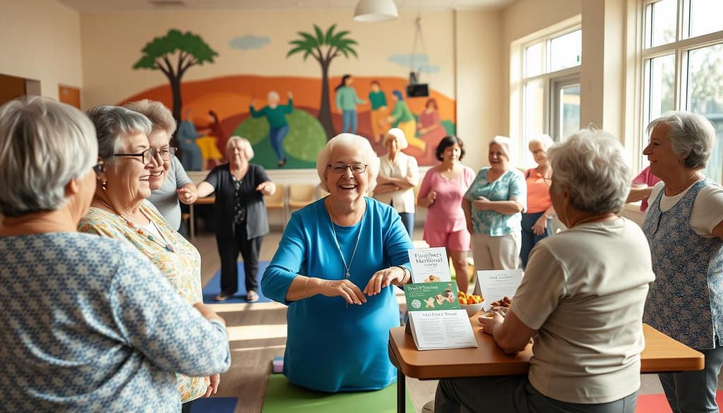 A diverse group of seniors engaged in various wellness activities in a sunny community center setting. In the foreground, a cheerful instructor guides a gentle yoga class, with participants practicing stretches on colorful mats. In the middle ground, a table displays an array of nutritious snacks and informational pamphlets about wellness programs, while two seniors are seen discussing health tips. In the background, natural light filters through large windows, illuminating a vibrant mural depicting health and community. The atmosphere is warm and inviting, filled with laughter and camaraderie, capturing the essence of active aging and community support. The scene is depicted with soft, bright lighting, emphasizing the positivity and connection among seniors, shot from a slightly elevated angle to showcase the overall activity. A diverse group of seniors engaged in various wellness activities in a sunny community center setting. In the foreground, a cheerful instructor guides a gentle yoga class, with participants practicing stretches on colorful mats. In the middle ground, a table displays an array of nutritious snacks and informational pamphlets about wellness programs, while two seniors are seen discussing health tips. In the background, natural light filters through large windows, illuminating a vibrant mural depicting health and community. The atmosphere is warm and inviting, filled with laughter and camaraderie, capturing the essence of active aging and community support. The scene is depicted with soft, bright lighting, emphasizing the positivity and connection among seniors, shot from a slightly elevated angle to showcase the overall activity.