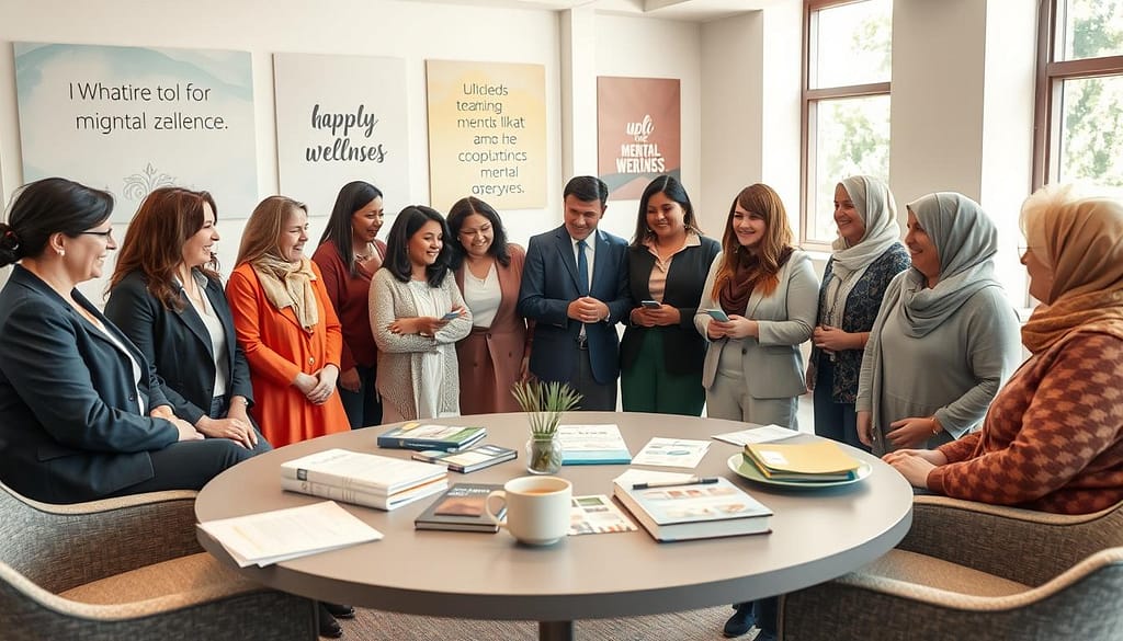 A peaceful community center setting, symbolizing caregiver mental health support resources. In the foreground, a group of diverse caregivers, dressed in professional business attire and modest casual clothing, engage in a supportive discussion, sharing resources and smiles. The middle ground features a circular table filled with pamphlets, books, and a warm cup of tea, emphasizing collaboration and sharing. The background includes soft, bright murals depicting uplifting messages about mental wellness. The scene is illuminated by gentle natural light streaming through large windows, creating an inviting and hopeful atmosphere. The composition captures the essence of community, compassion, and the importance of mental health support for caregivers. A peaceful community center setting, symbolizing caregiver mental health support resources. In the foreground, a group of diverse caregivers, dressed in professional business attire and modest casual clothing, engage in a supportive discussion, sharing resources and smiles. The middle ground features a circular table filled with pamphlets, books, and a warm cup of tea, emphasizing collaboration and sharing. The background includes soft, bright murals depicting uplifting messages about mental wellness. The scene is illuminated by gentle natural light streaming through large windows, creating an inviting and hopeful atmosphere. The composition captures the essence of community, compassion, and the importance of mental health support for caregivers.