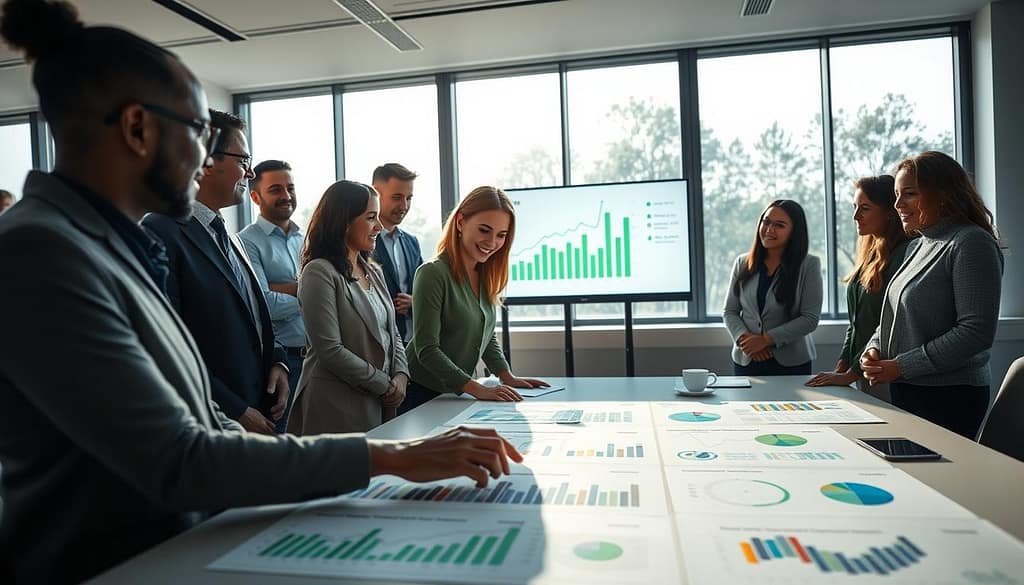 A serene office setting showcasing a diverse group of professionals in smart casual attire gathered around a large table filled with charts and graphs related to wellness program metrics. In the foreground, a focused woman points at a colorful infographic illustrating progress and success in community wellness initiatives. The middle ground features a digital screen displaying data trends, while supportive colleagues engage with interest. In the background, large windows bathe the room in natural light, creating an optimistic atmosphere. Soft shadows enhance depth, and the color palette consists of calming greens and blues to evoke a sense of growth and achievement. The perspective is slightly angled to capture the collaborative spirit of the scene. A serene office setting showcasing a diverse group of professionals in smart casual attire gathered around a large table filled with charts and graphs related to wellness program metrics. In the foreground, a focused woman points at a colorful infographic illustrating progress and success in community wellness initiatives. The middle ground features a digital screen displaying data trends, while supportive colleagues engage with interest. In the background, large windows bathe the room in natural light, creating an optimistic atmosphere. Soft shadows enhance depth, and the color palette consists of calming greens and blues to evoke a sense of growth and achievement. The perspective is slightly angled to capture the collaborative spirit of the scene.