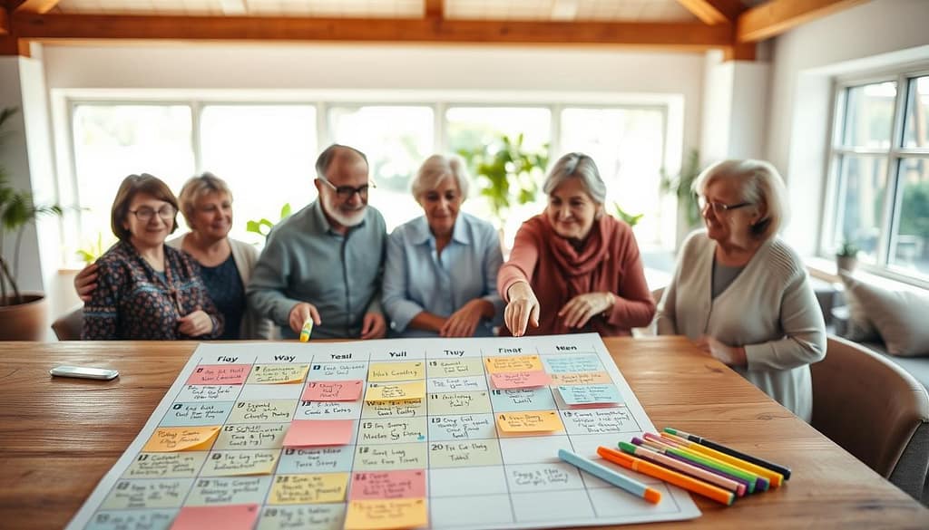 A vibrant age-friendly event calendar displayed on a wooden table, showcasing activities for seniors focused on wellness and community engagement. In the foreground, colorful sticky notes and markers highlight various events such as yoga classes, art workshops, and social gatherings, arranged in an inviting, organized manner. In the middle ground, a diverse group of seniors, dressed in modest casual clothing, are joyfully discussing the calendar while pointing at particular events. The background features a sunlit community center space with plants and comfortable seating, enhancing the atmosphere of warmth and support. The overall lighting is soft and natural, creating an uplifting mood that encourages active aging. The scene is shot with a slight overhead angle to capture all elements, ensuring clarity and focus on the calendar. A vibrant age-friendly event calendar displayed on a wooden table, showcasing activities for seniors focused on wellness and community engagement. In the foreground, colorful sticky notes and markers highlight various events such as yoga classes, art workshops, and social gatherings, arranged in an inviting, organized manner. In the middle ground, a diverse group of seniors, dressed in modest casual clothing, are joyfully discussing the calendar while pointing at particular events. The background features a sunlit community center space with plants and comfortable seating, enhancing the atmosphere of warmth and support. The overall lighting is soft and natural, creating an uplifting mood that encourages active aging. The scene is shot with a slight overhead angle to capture all elements, ensuring clarity and focus on the calendar.