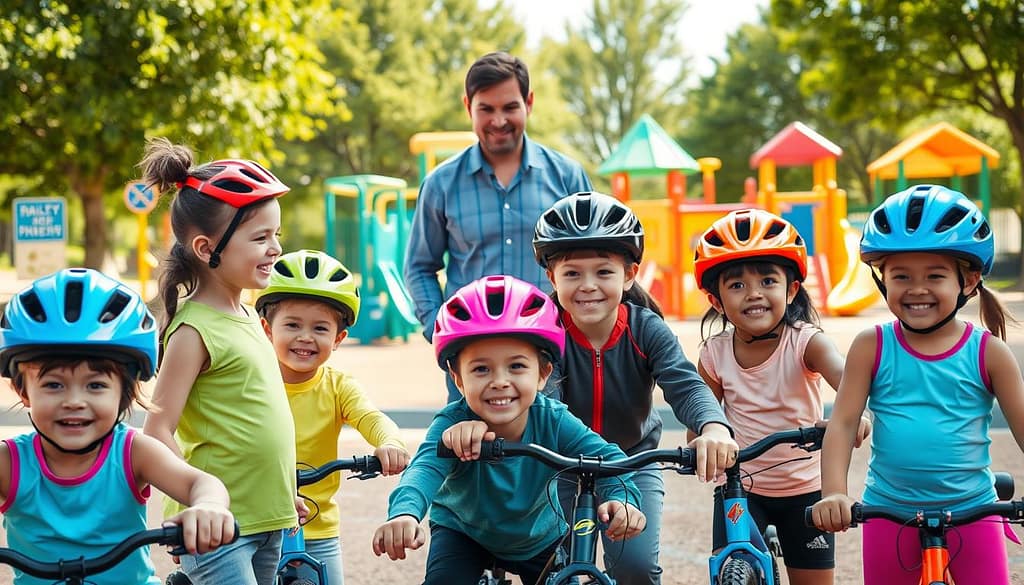 A vibrant and dynamic scene illustrating healthy kids safety protocols in a community playground setting. In the foreground, a diverse group of children (ages 6-12) are engaged in safe play activities, wearing bright athletic clothing, and helmets for cycling. In the middle ground, a vigilant adult supervisor (in professional casual attire) observes and interacts with the children, ensuring inclusivity and safety. The background features colorful playground equipment with clear safety signs and well-maintained play areas surrounded by green trees and a sunny, inviting sky. The lighting is bright and cheerful, creating an uplifting atmosphere that embodies empowerment and well-being. The angle captures the joyful interactions between children and the supervisor, emphasizing a sense of community and safety. A vibrant and dynamic scene illustrating healthy kids safety protocols in a community playground setting. In the foreground, a diverse group of children (ages 6-12) are engaged in safe play activities, wearing bright athletic clothing, and helmets for cycling. In the middle ground, a vigilant adult supervisor (in professional casual attire) observes and interacts with the children, ensuring inclusivity and safety. The background features colorful playground equipment with clear safety signs and well-maintained play areas surrounded by green trees and a sunny, inviting sky. The lighting is bright and cheerful, creating an uplifting atmosphere that embodies empowerment and well-being. The angle captures the joyful interactions between children and the supervisor, emphasizing a sense of community and safety.