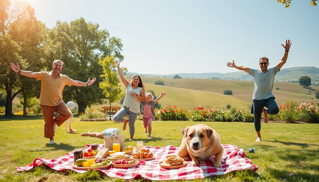 A vibrant and engaging family scene showcasing various wellbeing activities in a bright, sunlit park. In the foreground, a diverse family of four—parents dressed in modest casual clothing and two children—are joyfully practicing yoga together, demonstrating balance and harmony. In the middle ground, a picnic blanket is spread out with healthy snacks such as fruits and sandwiches, while a playful dog runs around, adding a fun element. In the background, lush green trees and colorful flowers create a serene atmosphere, with gently rolling hills in the distance. The lighting is warm and uplifting, capturing the essence of a joyful family moment. Use a wide-angle lens to encompass the diverse activities and the lively environment. A vibrant and engaging family scene showcasing various wellbeing activities in a bright, sunlit park. In the foreground, a diverse family of four—parents dressed in modest casual clothing and two children—are joyfully practicing yoga together, demonstrating balance and harmony. In the middle ground, a picnic blanket is spread out with healthy snacks such as fruits and sandwiches, while a playful dog runs around, adding a fun element. In the background, lush green trees and colorful flowers create a serene atmosphere, with gently rolling hills in the distance. The lighting is warm and uplifting, capturing the essence of a joyful family moment. Use a wide-angle lens to encompass the diverse activities and the lively environment.