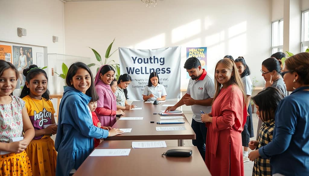 A vibrant community center scene depicting a youth wellness program registration event in progress. In the foreground, a friendly, diverse group of young participants aged 10 to 16, dressed in colorful, modest casual clothing, enthusiastically fill out registration forms at a long table. The middle ground features volunteers wearing matching staff shirts, providing assistance and information, with a promotional banner that subtly emphasizes wellness and healthy habits. The background shows a bright, welcoming space with plants and posters promoting physical activity and mental well-being. Soft, natural lighting streams in through large windows, creating an uplifting atmosphere. Capture the engaging and supportive vibe of community involvement in health and wellness. A vibrant community center scene depicting a youth wellness program registration event in progress. In the foreground, a friendly, diverse group of young participants aged 10 to 16, dressed in colorful, modest casual clothing, enthusiastically fill out registration forms at a long table. The middle ground features volunteers wearing matching staff shirts, providing assistance and information, with a promotional banner that subtly emphasizes wellness and healthy habits. The background shows a bright, welcoming space with plants and posters promoting physical activity and mental well-being. Soft, natural lighting streams in through large windows, creating an uplifting atmosphere. Capture the engaging and supportive vibe of community involvement in health and wellness.