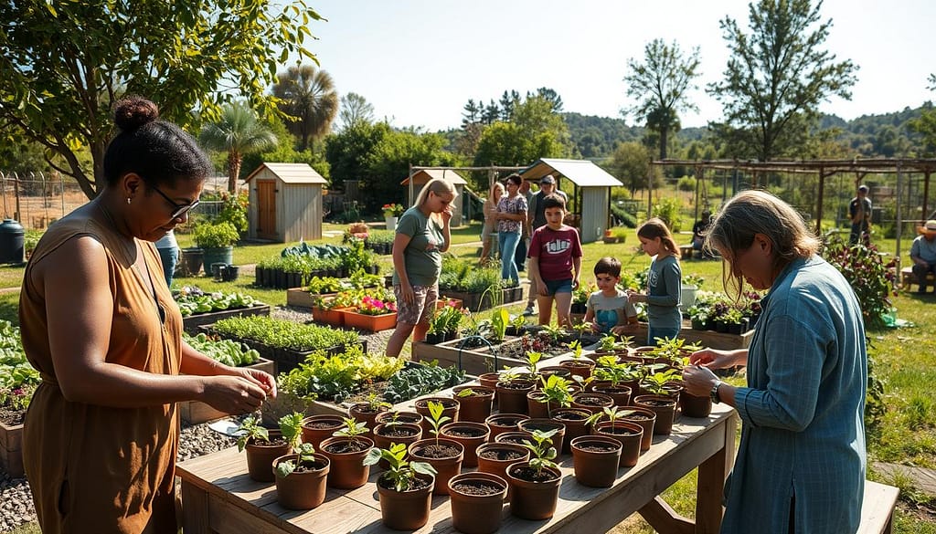 A vibrant community garden during a sunny day, showcasing a diverse group of people engaging in gardening workshops. In the foreground, a small group of adults, dressed in modest casual clothing, is gathered around a wooden table, where they are planting seedlings in biodegradable pots. In the middle area, various garden beds filled with colorful vegetables and flowers are visible, with a few children exploring and learning from a knowledgeable instructor. The background features a lush landscape with trees, trellises, and a small shed, all bathed in warm, natural lighting that conveys a sense of harmony and cooperation. The atmosphere is joyful and productive, capturing the essence of community spirit and wellness through gardening. A vibrant community garden during a sunny day, showcasing a diverse group of people engaging in gardening workshops. In the foreground, a small group of adults, dressed in modest casual clothing, is gathered around a wooden table, where they are planting seedlings in biodegradable pots. In the middle area, various garden beds filled with colorful vegetables and flowers are visible, with a few children exploring and learning from a knowledgeable instructor. The background features a lush landscape with trees, trellises, and a small shed, all bathed in warm, natural lighting that conveys a sense of harmony and cooperation. The atmosphere is joyful and productive, capturing the essence of community spirit and wellness through gardening.
