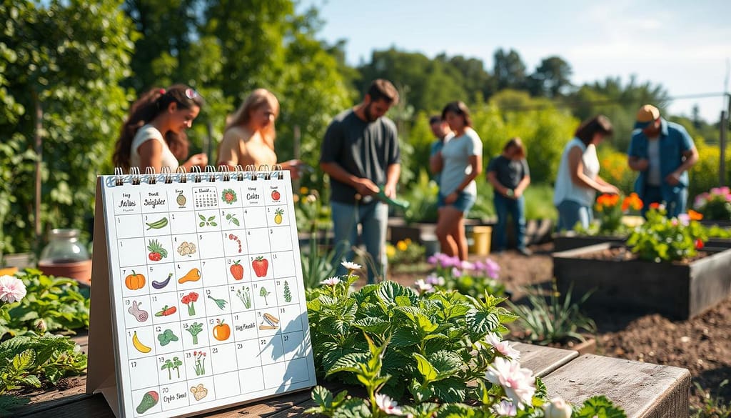 A vibrant community garden scene showcasing an organized garden calendar prominently displayed in the foreground. The calendar, adorned with colorful illustrations of seasonal vegetables, herbs, and flowers, is placed on a rustic wooden table surrounded by thriving plants and flowers. In the middle ground, diverse individuals in modest casual clothing engage in gardening activities, including planting, watering, and harvesting. In the background, lush greenery and a clear blue sky create a serene atmosphere, with sunlight casting warm, inviting shadows across the scene. The overall mood is one of collaboration and wellness, capturing the essence of community and the joy of local gardening. The image should have a soft focus with a slight depth of field to emphasize the calendar while maintaining the enchanting details of the garden. A vibrant community garden scene showcasing an organized garden calendar prominently displayed in the foreground. The calendar, adorned with colorful illustrations of seasonal vegetables, herbs, and flowers, is placed on a rustic wooden table surrounded by thriving plants and flowers. In the middle ground, diverse individuals in modest casual clothing engage in gardening activities, including planting, watering, and harvesting. In the background, lush greenery and a clear blue sky create a serene atmosphere, with sunlight casting warm, inviting shadows across the scene. The overall mood is one of collaboration and wellness, capturing the essence of community and the joy of local gardening. The image should have a soft focus with a slight depth of field to emphasize the calendar while maintaining the enchanting details of the garden.