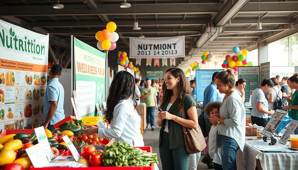 A vibrant community wellness fair scene featuring diverse exhibitor booths focused on nutrition, exercise, counseling, and safety. In the foreground, a colorful booth showcases fresh fruits and vegetables, with a health coach in professional attire engaging with families. The middle ground includes booths displaying fitness equipment, wellness pamphlets, and safety demonstrations, with friendly professionals assisting attendees. The background features a lively atmosphere with banners and balloons fluttering, under a bright, sunny sky, suggesting an outdoor event. Soft, diffused lighting enhances the cheerful mood. The angle is a wide shot, capturing the bustling energy of the fair, creating an inviting, community-oriented vibe perfect for families. A vibrant community wellness fair scene featuring diverse exhibitor booths focused on nutrition, exercise, counseling, and safety. In the foreground, a colorful booth showcases fresh fruits and vegetables, with a health coach in professional attire engaging with families. The middle ground includes booths displaying fitness equipment, wellness pamphlets, and safety demonstrations, with friendly professionals assisting attendees. The background features a lively atmosphere with banners and balloons fluttering, under a bright, sunny sky, suggesting an outdoor event. Soft, diffused lighting enhances the cheerful mood. The angle is a wide shot, capturing the bustling energy of the fair, creating an inviting, community-oriented vibe perfect for families.