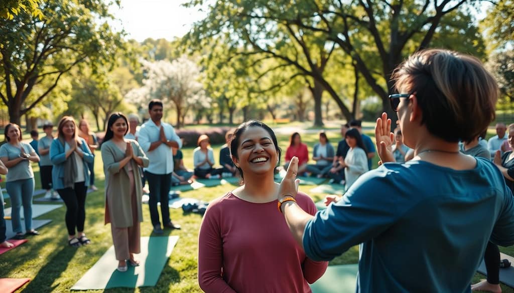 A vibrant community wellness program in action, featuring a diverse group of people engaged in various wellness activities. In the foreground, a friendly instructor demonstrates yoga poses, surrounded by participants in comfortable yet professional attire. The middle ground showcases a circular arrangement of people participating in a mindful meditation session, with green mats spread across a lush park. The background reveals a sunny, serene environment with trees and blooming flowers, evoking a sense of tranquility. Soft, natural lighting filters through the leaves, creating a warm and inviting atmosphere. Capture this scene with a wide-angle lens to emphasize inclusivity and community spirit, while maintaining a focus on joyful expressions and interactions among the participants. A vibrant community wellness program in action, featuring a diverse group of people engaged in various wellness activities. In the foreground, a friendly instructor demonstrates yoga poses, surrounded by participants in comfortable yet professional attire. The middle ground showcases a circular arrangement of people participating in a mindful meditation session, with green mats spread across a lush park. The background reveals a sunny, serene environment with trees and blooming flowers, evoking a sense of tranquility. Soft, natural lighting filters through the leaves, creating a warm and inviting atmosphere. Capture this scene with a wide-angle lens to emphasize inclusivity and community spirit, while maintaining a focus on joyful expressions and interactions among the participants.
