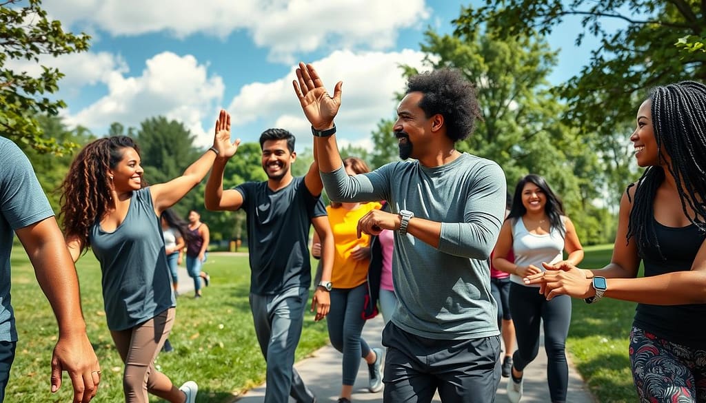 A vibrant outdoor setting showcasing a diverse group of adults engaged in a fun walking challenge, with men and women of various ages and ethnic backgrounds, dressed in comfortable casual sportswear. In the foreground, individuals are high-fiving and encouraging each other, with big smiles, embodying camaraderie and motivation. The middle ground features a park path winding through lush greenery, while others are walking together, some with fitness trackers on their wrists. The background reveals a sunny blue sky with fluffy clouds, creating an inviting atmosphere. Soft, natural lighting enhances the scene, emphasizing the joy and collective spirit of health and wellness. The angle captures an uplifting moment of teamwork and enthusiasm, making it ideal for inspiring community initiative. A vibrant outdoor setting showcasing a diverse group of adults engaged in a fun walking challenge, with men and women of various ages and ethnic backgrounds, dressed in comfortable casual sportswear. In the foreground, individuals are high-fiving and encouraging each other, with big smiles, embodying camaraderie and motivation. The middle ground features a park path winding through lush greenery, while others are walking together, some with fitness trackers on their wrists. The background reveals a sunny blue sky with fluffy clouds, creating an inviting atmosphere. Soft, natural lighting enhances the scene, emphasizing the joy and collective spirit of health and wellness. The angle captures an uplifting moment of teamwork and enthusiasm, making it ideal for inspiring community initiative.