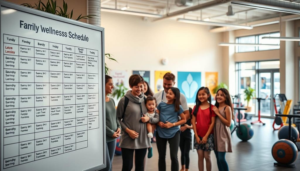 A visually appealing family wellness class schedule displayed in a modern, well-lit community center setting. The foreground features a clear, organized schedule on a large whiteboard or digital screen, with columns for class names, times, and locations. In the middle ground, diverse families of different ages and backgrounds, dressed in modest, casual workout clothing, interact positively as they look at the schedule, reflecting inclusivity and community spirit. The background shows a vibrant, welcoming environment with plants, posters promoting health and fitness, and colorful exercise equipment. The lighting is warm and inviting, creating a sense of motivation and positivity, captured from a slightly elevated angle for a comprehensive view. A visually appealing family wellness class schedule displayed in a modern, well-lit community center setting. The foreground features a clear, organized schedule on a large whiteboard or digital screen, with columns for class names, times, and locations. In the middle ground, diverse families of different ages and backgrounds, dressed in modest, casual workout clothing, interact positively as they look at the schedule, reflecting inclusivity and community spirit. The background shows a vibrant, welcoming environment with plants, posters promoting health and fitness, and colorful exercise equipment. The lighting is warm and inviting, creating a sense of motivation and positivity, captured from a slightly elevated angle for a comprehensive view.