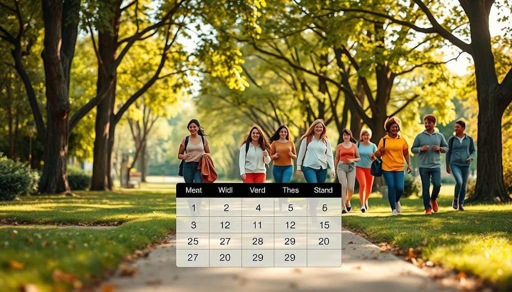 A visually appealing weekly calendar designed for a healthy lifestyle, emphasizing walking as a communal activity. In the foreground, a neatly organized calendar layout highlights each day of the week with checkboxes alongside colorful illustrations of diverse, modestly dressed people happily walking together in a park. The middle ground features lush green trees and pathway scenery, encouraging a sense of connection and warm community spirit. In the background, soft sunlight filters through the branches, creating a cozy and inviting atmosphere. The overall mood is uplifting and motivational, capturing the essence of wellness and togetherness in outdoor activities. The perspective should be slightly angled to give depth, and the lighting should be bright and natural, enhancing the cheerful vibe of the scene. A visually appealing weekly calendar designed for a healthy lifestyle, emphasizing walking as a communal activity. In the foreground, a neatly organized calendar layout highlights each day of the week with checkboxes alongside colorful illustrations of diverse, modestly dressed people happily walking together in a park. The middle ground features lush green trees and pathway scenery, encouraging a sense of connection and warm community spirit. In the background, soft sunlight filters through the branches, creating a cozy and inviting atmosphere. The overall mood is uplifting and motivational, capturing the essence of wellness and togetherness in outdoor activities. The perspective should be slightly angled to give depth, and the lighting should be bright and natural, enhancing the cheerful vibe of the scene.