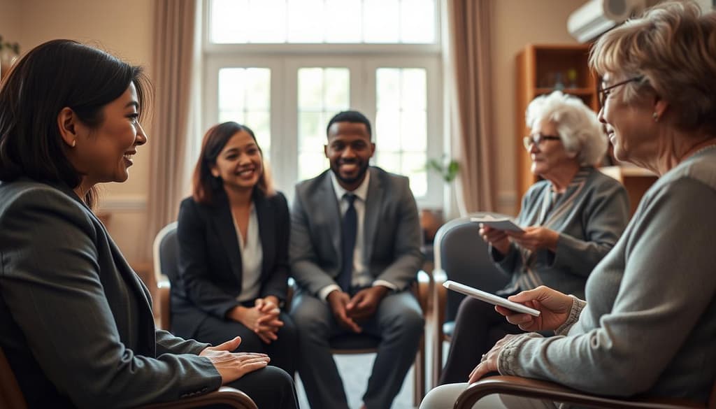 A warm and inviting scene depicting a caregiver support group gathering in a cozy community center. In the foreground, a diverse group of three caregivers, dressed in professional business attire, engage in a heartfelt conversation. One caregiver, a middle-aged woman of Asian descent, shares her story, her expression conveying empathy and understanding. The second caregiver, a young Black man, listens attentively, nodding in support, while the third, an elderly Caucasian woman, takes notes with a look of encouragement. In the middle ground, chairs arranged in a circle foster a sense of unity and openness, while a large window in the background allows soft, natural light to spill in, casting a gentle glow on the participants. The mood is one of warmth, hope, and community support, emphasizing connection and shared experiences among caregivers. A warm and inviting scene depicting a caregiver support group gathering in a cozy community center. In the foreground, a diverse group of three caregivers, dressed in professional business attire, engage in a heartfelt conversation. One caregiver, a middle-aged woman of Asian descent, shares her story, her expression conveying empathy and understanding. The second caregiver, a young Black man, listens attentively, nodding in support, while the third, an elderly Caucasian woman, takes notes with a look of encouragement. In the middle ground, chairs arranged in a circle foster a sense of unity and openness, while a large window in the background allows soft, natural light to spill in, casting a gentle glow on the participants. The mood is one of warmth, hope, and community support, emphasizing connection and shared experiences among caregivers.