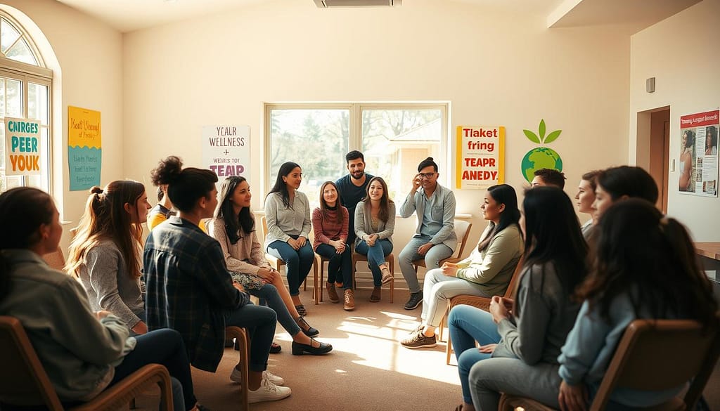 A warm, inviting scene of a youth peer group meeting in a bright, sunlit community center. In the foreground, a diverse group of teenagers, dressed in casual, modest clothing, engage in an open discussion, some seated on comfortable chairs while others stand animatedly. In the middle ground, supportive parents are shown participating, listening intently and offering encouragement, portraying a sense of involvement and collaboration. The background features colorful, uplifting posters promoting wellness and teamwork, with large windows allowing natural light to flood the space, creating a cheerful atmosphere. Capture a feeling of connection and warmth through soft lighting and a slightly wide-angle perspective, emphasizing the community aspect of the workshop. A warm, inviting scene of a youth peer group meeting in a bright, sunlit community center. In the foreground, a diverse group of teenagers, dressed in casual, modest clothing, engage in an open discussion, some seated on comfortable chairs while others stand animatedly. In the middle ground, supportive parents are shown participating, listening intently and offering encouragement, portraying a sense of involvement and collaboration. The background features colorful, uplifting posters promoting wellness and teamwork, with large windows allowing natural light to flood the space, creating a cheerful atmosphere. Capture a feeling of connection and warmth through soft lighting and a slightly wide-angle perspective, emphasizing the community aspect of the workshop.