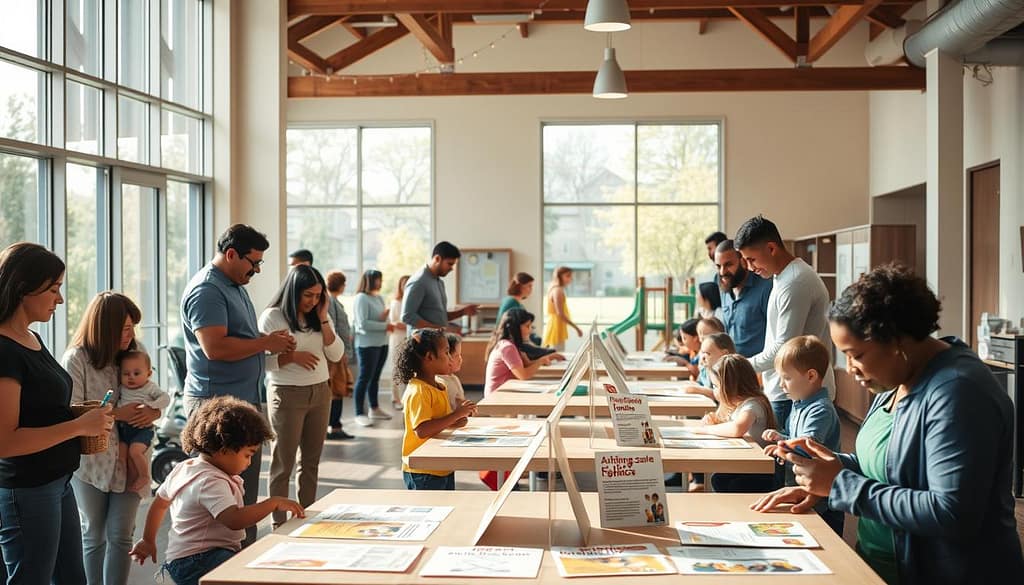 A warm, welcoming community center scene illustrating inclusive family resource options. In the foreground, a diverse group of families, including parents of different ethnicities and childcare professionals, engage in activities. Each family showcases a variety of parenting styles and backgrounds, emphasizing accessibility with young children playing and interacting. The middle ground features tables with informational pamphlets and interactive displays about childcare options, accessible playground equipment, and resource flyers. In the background, large windows allow natural light to flood the space, creating a bright and uplifting atmosphere. Soft lighting enhances the sense of community and support. The image should evoke feelings of warmth, inclusion, and collaboration, with a focus on creating a safe and nurturing environment for all families. A warm, welcoming community center scene illustrating inclusive family resource options. In the foreground, a diverse group of families, including parents of different ethnicities and childcare professionals, engage in activities. Each family showcases a variety of parenting styles and backgrounds, emphasizing accessibility with young children playing and interacting. The middle ground features tables with informational pamphlets and interactive displays about childcare options, accessible playground equipment, and resource flyers. In the background, large windows allow natural light to flood the space, creating a bright and uplifting atmosphere. Soft lighting enhances the sense of community and support. The image should evoke feelings of warmth, inclusion, and collaboration, with a focus on creating a safe and nurturing environment for all families.