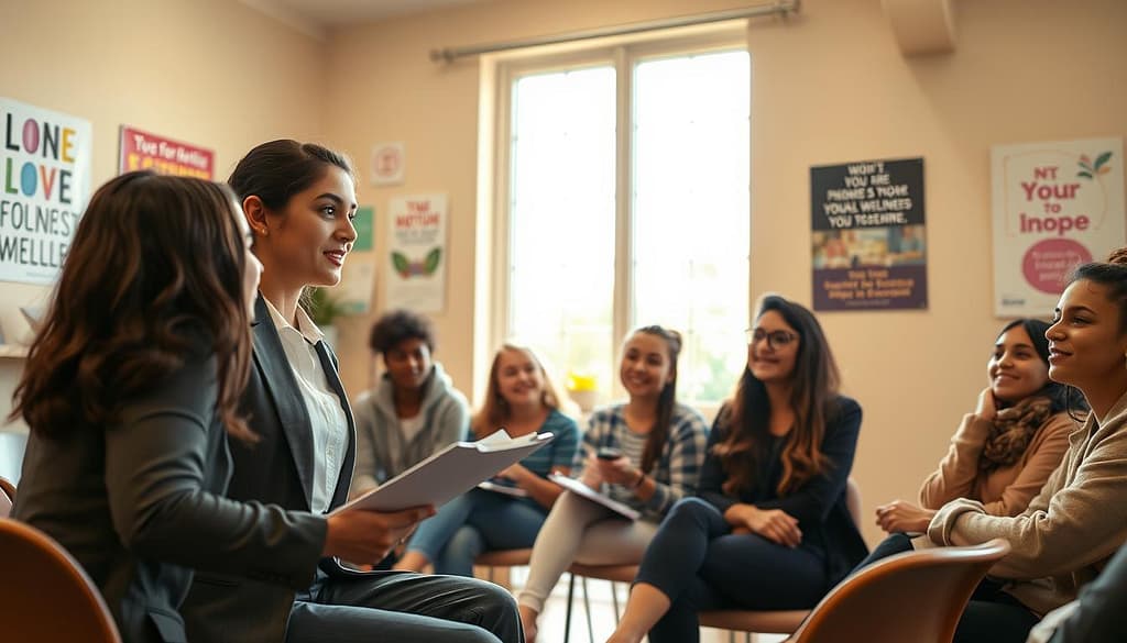 A diverse group of young adults, aged 18-25, engaged in a youth mental health support group training session, seated in a cozy, well-lit community center room. In the foreground, a facilitator, a young woman in professional business attire, actively discusses with enthusiasm, holding a clipboard. The middle ground shows several attentive participants, a mix of ethnically diverse teens and tweens, in modest casual clothing, nodding and taking notes. The background features a large window letting in warm, natural light, along with supportive posters on the walls promoting mental wellness. The atmosphere feels warm, encouraging, and collaborative, conveying a sense of hope and empowerment. The angle is slightly above eye level, capturing the energy and engagement of the group. A diverse group of young adults, aged 18-25, engaged in a youth mental health support group training session, seated in a cozy, well-lit community center room. In the foreground, a facilitator, a young woman in professional business attire, actively discusses with enthusiasm, holding a clipboard. The middle ground shows several attentive participants, a mix of ethnically diverse teens and tweens, in modest casual clothing, nodding and taking notes. The background features a large window letting in warm, natural light, along with supportive posters on the walls promoting mental wellness. The atmosphere feels warm, encouraging, and collaborative, conveying a sense of hope and empowerment. The angle is slightly above eye level, capturing the energy and engagement of the group.