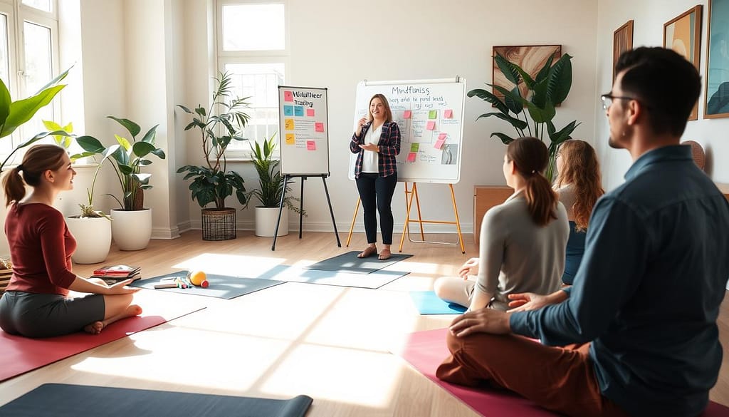 A scene depicting a diverse group of volunteer leaders engaged in mindfulness training within a bright, welcoming room. In the foreground, three individuals, two women and one man, are seated in a circle on yoga mats, all wearing professional casual attire. They are actively participating in a guided mindfulness exercise, with one leader demonstrating deep breathing techniques. In the middle ground, a skilled trainer, a woman in her forties with a warm smile, stands at a whiteboard illustrating mindfulness principles, surrounded by sticky notes and colorful markers. The background features soft, natural light streaming through large windows, plants in the corners, and calming artwork on the walls, creating a serene atmosphere that encourages focus and tranquility. A scene depicting a diverse group of volunteer leaders engaged in mindfulness training within a bright, welcoming room. In the foreground, three individuals, two women and one man, are seated in a circle on yoga mats, all wearing professional casual attire. They are actively participating in a guided mindfulness exercise, with one leader demonstrating deep breathing techniques. In the middle ground, a skilled trainer, a woman in her forties with a warm smile, stands at a whiteboard illustrating mindfulness principles, surrounded by sticky notes and colorful markers. The background features soft, natural light streaming through large windows, plants in the corners, and calming artwork on the walls, creating a serene atmosphere that encourages focus and tranquility.