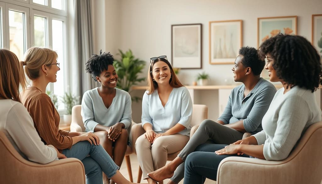A serene group therapy session focused on anxiety relief, featuring diverse individuals of various ethnicities seated in a circle on comfortable chairs. In the foreground, show three participants expressing empathy, one offering a supportive hand on a shoulder. In the middle, a therapist, dressed in modest casual clothing, facilitates the discussion with a warm smile, creating a safe atmosphere. Soft, natural lighting filters through large windows, casting a gentle glow that enhances the calm and inviting environment. The background includes potted plants and soothing artwork on the walls, contributing to an atmosphere of trust and safety. The mood is supportive and encouraging, emphasizing connection and understanding among participants. A serene group therapy session focused on anxiety relief, featuring diverse individuals of various ethnicities seated in a circle on comfortable chairs. In the foreground, show three participants expressing empathy, one offering a supportive hand on a shoulder. In the middle, a therapist, dressed in modest casual clothing, facilitates the discussion with a warm smile, creating a safe atmosphere. Soft, natural lighting filters through large windows, casting a gentle glow that enhances the calm and inviting environment. The background includes potted plants and soothing artwork on the walls, contributing to an atmosphere of trust and safety. The mood is supportive and encouraging, emphasizing connection and understanding among participants.