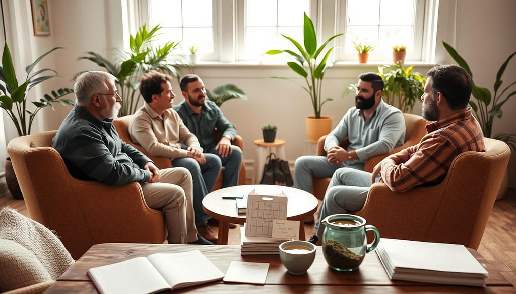 A serene room filled with natural light, showcasing a circle of men seated on comfortable chairs, engaged in open discussion. The foreground features a table with mental health tools like journals, mindfulness cards, and herbal teas. In the middle ground, a group of men in modest casual clothing shares their feelings, demonstrating a supportive atmosphere with expressions of empathy and understanding. Soft greenery from potted plants decorates the background, enhancing a calming vibe. The lighting is warm and inviting, captured from a slightly elevated angle to portray an inclusive perspective. The overall mood is one of encouragement and connection, emphasizing the importance of openness in mental health support. A serene room filled with natural light, showcasing a circle of men seated on comfortable chairs, engaged in open discussion. The foreground features a table with mental health tools like journals, mindfulness cards, and herbal teas. In the middle ground, a group of men in modest casual clothing shares their feelings, demonstrating a supportive atmosphere with expressions of empathy and understanding. Soft greenery from potted plants decorates the background, enhancing a calming vibe. The lighting is warm and inviting, captured from a slightly elevated angle to portray an inclusive perspective. The overall mood is one of encouragement and connection, emphasizing the importance of openness in mental health support.