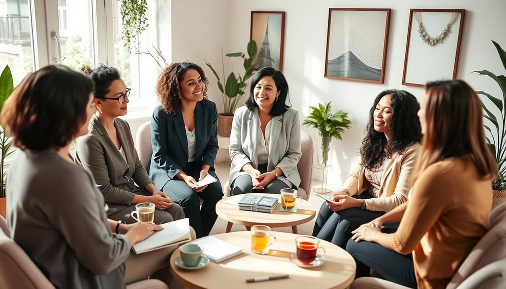 A serene women's wellness professional circle, featuring a diverse group of women sitting in a cozy, well-lit room. In the foreground, three women in professional business attire are engaged in a thoughtful discussion, with one woman gesturing expressively. In the middle, a round table holds notebooks, herbal teas, and wellness materials. The background showcases soft, natural lighting filtering through large windows, adorned with plants and calming artwork on the walls. The mood is supportive and collaborative, reflecting empowerment and growth. Use a warm color palette to create a welcoming atmosphere, and capture the scene from a slightly elevated angle to emphasize connection among the participants, ensuring each woman appears approachable and engaged. A serene women's wellness professional circle, featuring a diverse group of women sitting in a cozy, well-lit room. In the foreground, three women in professional business attire are engaged in a thoughtful discussion, with one woman gesturing expressively. In the middle, a round table holds notebooks, herbal teas, and wellness materials. The background showcases soft, natural lighting filtering through large windows, adorned with plants and calming artwork on the walls. The mood is supportive and collaborative, reflecting empowerment and growth. Use a warm color palette to create a welcoming atmosphere, and capture the scene from a slightly elevated angle to emphasize connection among the participants, ensuring each woman appears approachable and engaged.