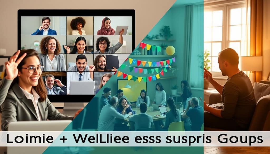 A split-scene image illustrating the comparison between online and local LGBTQ+ wellness support groups. In the foreground, a virtual meeting setup with diverse individuals of varying ages enthusiastically engaging on their devices, dressed in professional business attire or modest casual clothing. The middle layer features a cozy local community center, showcasing a circle of diverse community members sharing experiences and support, surrounded by colorful decorations symbolizing inclusivity. In the background, warm lighting spills through windows, creating an inviting atmosphere. The composition reflects a harmonious blend of connection and support, balancing the digital and physical aspects of community. The mood is uplifting and affirming, emphasizing mental wellbeing and communal strength. A split-scene image illustrating the comparison between online and local LGBTQ+ wellness support groups. In the foreground, a virtual meeting setup with diverse individuals of varying ages enthusiastically engaging on their devices, dressed in professional business attire or modest casual clothing. The middle layer features a cozy local community center, showcasing a circle of diverse community members sharing experiences and support, surrounded by colorful decorations symbolizing inclusivity. In the background, warm lighting spills through windows, creating an inviting atmosphere. The composition reflects a harmonious blend of connection and support, balancing the digital and physical aspects of community. The mood is uplifting and affirming, emphasizing mental wellbeing and communal strength.