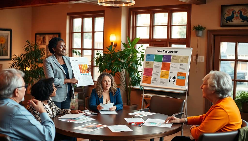 A vibrant and engaging scene depicting a diverse group of individuals collaborating in a warm, welcoming environment. In the foreground, a thoughtful facilitator of a peer support group stands confidently, pointing at a colorful chart showing various resources while dressed in professional business attire. In the middle, participants of different ages and ethnicities sit at a round table, discussing their needs, with papers and resources scattered between them. The background features a cozy community center, adorned with warm lighting emanating from large windows, enhancing the collaborative atmosphere. A lush indoor plant adds a touch of nature, and the walls are decorated with uplifting art. The overall mood is one of empowerment, connection, and support, capturing the essence of matching needs to resources effectively. A vibrant and engaging scene depicting a diverse group of individuals collaborating in a warm, welcoming environment. In the foreground, a thoughtful facilitator of a peer support group stands confidently, pointing at a colorful chart showing various resources while dressed in professional business attire. In the middle, participants of different ages and ethnicities sit at a round table, discussing their needs, with papers and resources scattered between them. The background features a cozy community center, adorned with warm lighting emanating from large windows, enhancing the collaborative atmosphere. A lush indoor plant adds a touch of nature, and the walls are decorated with uplifting art. The overall mood is one of empowerment, connection, and support, capturing the essence of matching needs to resources effectively.
