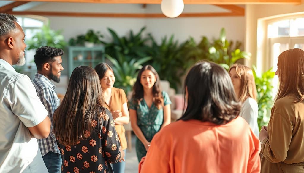 A vibrant community gathering focused on anxiety relief. In the foreground, diverse individuals in modest casual clothing participate in a discussion circle, sharing their experiences and support. The middle ground features a community center with a warm, inviting atmosphere, decorated with soft lighting and comfortable seating. Background elements include greenery and outdoor spaces, suggesting a tranquil environment. The scene is bathed in natural sunlight, creating an uplifting mood. The camera angle is slightly elevated, capturing the connection among participants while emphasizing the sense of community and collaboration. The overall atmosphere conveys hope, support, and togetherness in the journey of anxiety relief. A vibrant community gathering focused on anxiety relief. In the foreground, diverse individuals in modest casual clothing participate in a discussion circle, sharing their experiences and support. The middle ground features a community center with a warm, inviting atmosphere, decorated with soft lighting and comfortable seating. Background elements include greenery and outdoor spaces, suggesting a tranquil environment. The scene is bathed in natural sunlight, creating an uplifting mood. The camera angle is slightly elevated, capturing the connection among participants while emphasizing the sense of community and collaboration. The overall atmosphere conveys hope, support, and togetherness in the journey of anxiety relief.