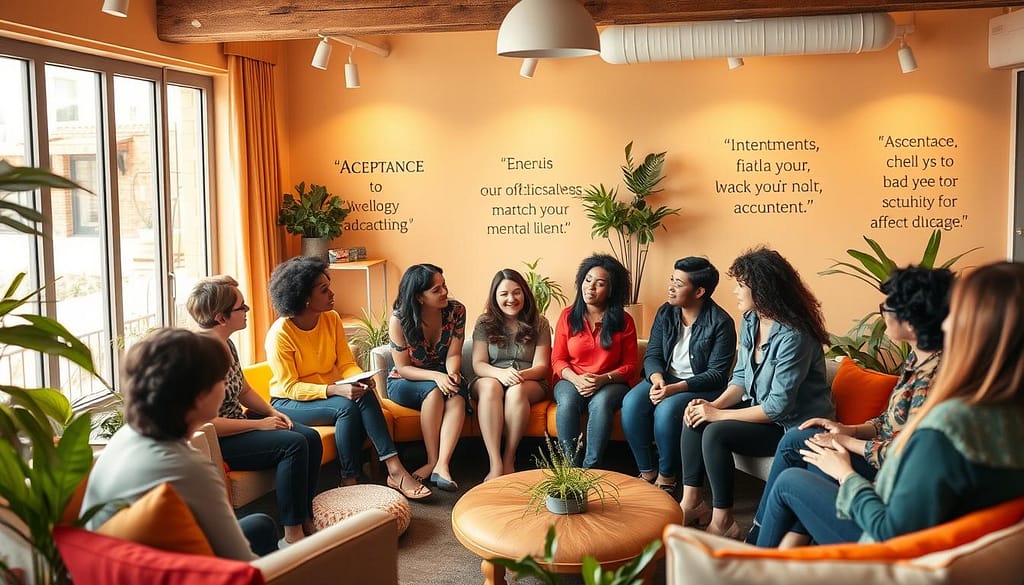 A vibrant, inclusive scene depicting a diverse support group in a cozy, welcoming meeting space. In the foreground, a group of individuals of various genders and ethnicities, dressed in casual, professional attire, engage in open conversation, sharing experiences. The middle ground features comfortable seating arranged in a circle, adorned with colorful cushions and plants, fostering a sense of community. The background includes large windows letting in warm, natural light, casting a soft glow and highlighting inspirational quotes on the walls about acceptance and mental wellness. The atmosphere is warm, inviting, and supportive, with a sense of connection and understanding. The camera angle captures the group from a slightly elevated perspective, emphasizing the communal feel of the gathering. A vibrant, inclusive scene depicting a diverse support group in a cozy, welcoming meeting space. In the foreground, a group of individuals of various genders and ethnicities, dressed in casual, professional attire, engage in open conversation, sharing experiences. The middle ground features comfortable seating arranged in a circle, adorned with colorful cushions and plants, fostering a sense of community. The background includes large windows letting in warm, natural light, casting a soft glow and highlighting inspirational quotes on the walls about acceptance and mental wellness. The atmosphere is warm, inviting, and supportive, with a sense of connection and understanding. The camera angle captures the group from a slightly elevated perspective, emphasizing the communal feel of the gathering.