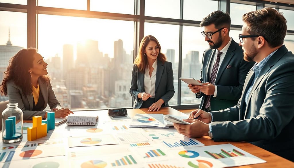 A vibrant scene depicting a diverse group of professionals engaged in a brainstorming session about funding sustainability strategies for community support groups. In the foreground, a table filled with colorful graphs, charts, and project proposals, showcasing financial planning and sustainability tools. In the middle ground, three individuals—two women and one man—discuss ideas animatedly, dressed in professional business attire. One woman points at a chart, while the man takes notes on a tablet. The background features an inspiring city skyline, symbolizing growth and community strength, with sunlight streaming through large windows, creating a warm and optimistic atmosphere. The image should evoke collaboration, innovation, and determination in making a positive impact. A vibrant scene depicting a diverse group of professionals engaged in a brainstorming session about funding sustainability strategies for community support groups. In the foreground, a table filled with colorful graphs, charts, and project proposals, showcasing financial planning and sustainability tools. In the middle ground, three individuals—two women and one man—discuss ideas animatedly, dressed in professional business attire. One woman points at a chart, while the man takes notes on a tablet. The background features an inspiring city skyline, symbolizing growth and community strength, with sunlight streaming through large windows, creating a warm and optimistic atmosphere. The image should evoke collaboration, innovation, and determination in making a positive impact.