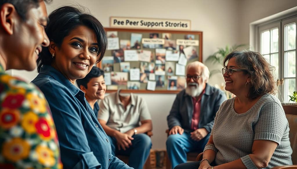 A vibrant scene depicting a peer support group in a cozy community center, focusing on a circle of diverse individuals engaging in uplifting conversation. In the foreground, a middle-aged woman with warm eyes and a professional outfit shares her story, while other group members— a young man, an elderly gentleman, and a woman in a modest casual top—listen attentively, reflecting empathy. In the middle ground, a bulletin board filled with photos and heartfelt messages showcases transformation stories, highlighting hope and resilience. The background features soft natural light spilling through large windows, creating an inviting, supportive atmosphere. The angle is slightly elevated, capturing the emotional connection among participants, conveying a sense of community, empowerment, and shared experiences. The overall mood is inspiring and positive, symbolizing the impact of peer-led support. A vibrant scene depicting a peer support group in a cozy community center, focusing on a circle of diverse individuals engaging in uplifting conversation. In the foreground, a middle-aged woman with warm eyes and a professional outfit shares her story, while other group members— a young man, an elderly gentleman, and a woman in a modest casual top—listen attentively, reflecting empathy. In the middle ground, a bulletin board filled with photos and heartfelt messages showcases transformation stories, highlighting hope and resilience. The background features soft natural light spilling through large windows, creating an inviting, supportive atmosphere. The angle is slightly elevated, capturing the emotional connection among participants, conveying a sense of community, empowerment, and shared experiences. The overall mood is inspiring and positive, symbolizing the impact of peer-led support.