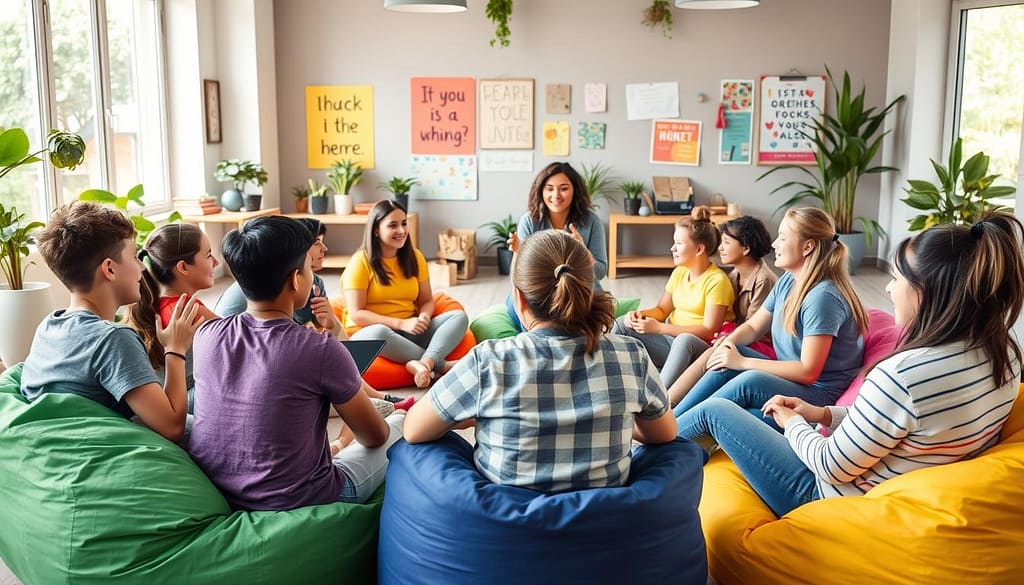 A vibrant youth mental health group activity, featuring a diverse group of teenagers and tweens engaged in an interactive workshop. In the foreground, a circle of young participants sits on colorful bean bags, sharing ideas and smiling, dressed in casual attire, promoting a sense of openness. The middle ground showcases a caring facilitator guiding the discussion with engaging materials like charts or art supplies, fostering creativity and collaboration. The background has a bright, welcoming room decorated with uplifting posters and plants, natural light streaming in through large windows, creating an optimistic atmosphere. The scene conveys enthusiasm, support, and empowerment, emphasizing the importance of participation and community in overcoming life's challenges. A vibrant youth mental health group activity, featuring a diverse group of teenagers and tweens engaged in an interactive workshop. In the foreground, a circle of young participants sits on colorful bean bags, sharing ideas and smiling, dressed in casual attire, promoting a sense of openness. The middle ground showcases a caring facilitator guiding the discussion with engaging materials like charts or art supplies, fostering creativity and collaboration. The background has a bright, welcoming room decorated with uplifting posters and plants, natural light streaming in through large windows, creating an optimistic atmosphere. The scene conveys enthusiasm, support, and empowerment, emphasizing the importance of participation and community in overcoming life's challenges.